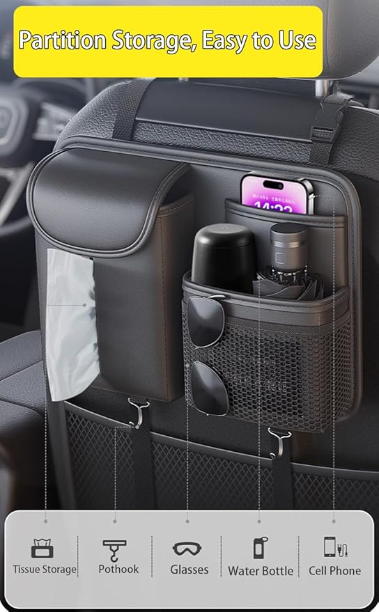 Premium Leather Car Seat Back Organizer with Cup and Tissue Holder, Multi-Pocket Storage with Adjustable Straps for SUVs, Trucks, Sedans (Red)