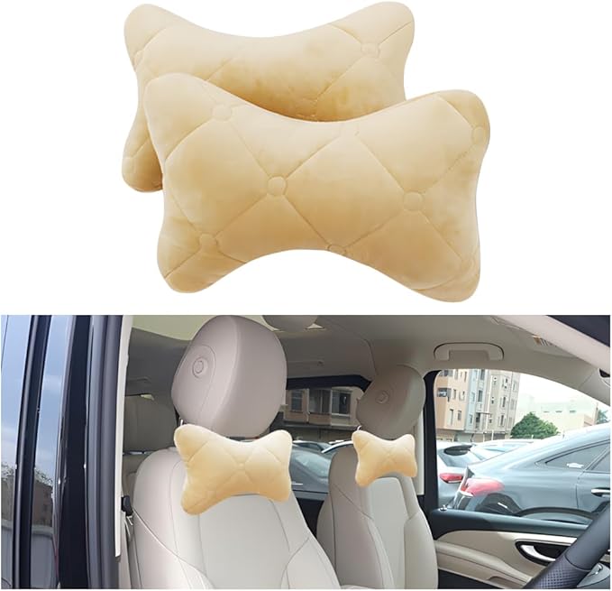 2PCS Car Headrest Pillow, Soft Comfortable Vehicle Neck Pillow Cushion, Automotive Interior Head Rest Pad Accessories for Driving Fatigue Relief, Universal for SUV, Sedan, Truck (Beige)