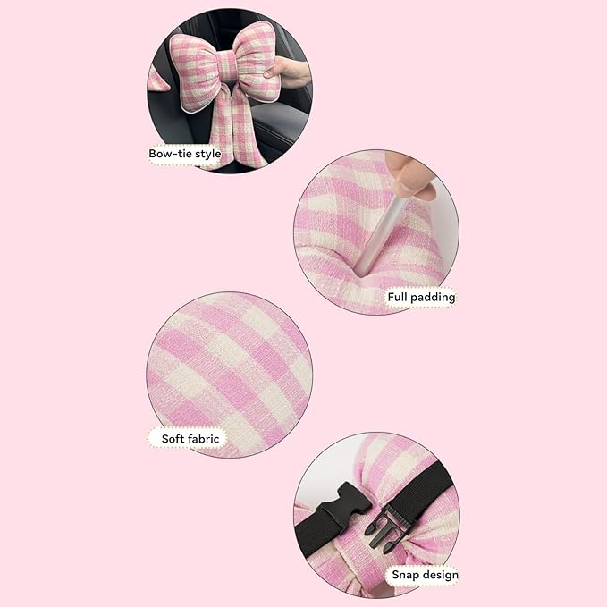Car Accessories Plaid Bow Headrest Lumbar Pillow 4PCs Set Cotton Linen Elegant Soft Car Seat Cushions for Daily Commuting Trave (Blue Plaid,headrest+Lumbar Pillow 2pcs)