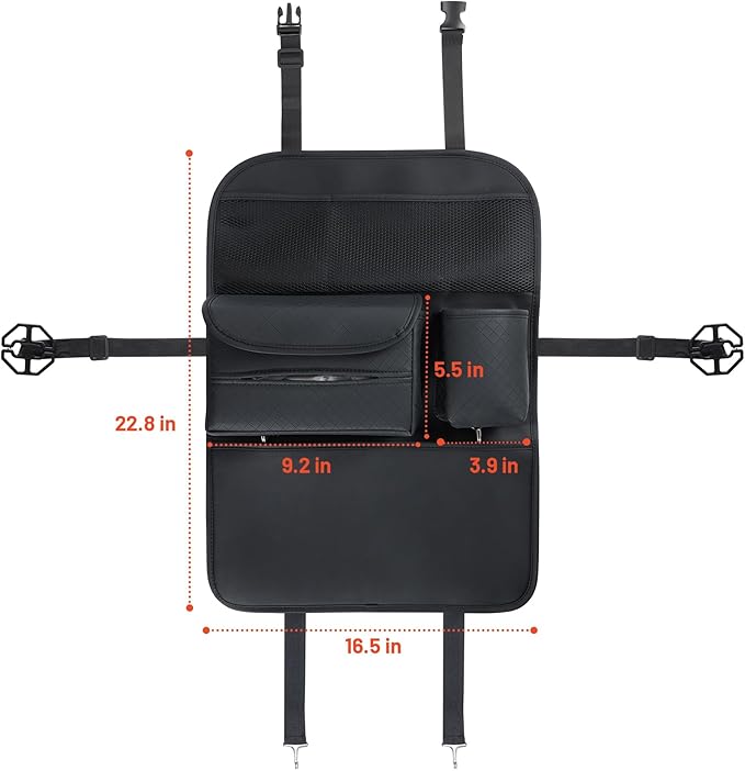 PU Leather Car Seat Back Organizer with Kick Mat Protectors, Tissue Holder, Water Bottle Holder, Phone Holder for Road Trips. Black (Black)