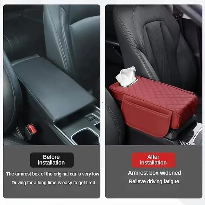 Car Arm Rest Cover Pad for Toyota Camry 2012 2013 2014 2015 2016 2017, Leather Memory Foam Center Console Cushion with 2 Storage Bags and a Tissue Box Universal Car Interior Accessories