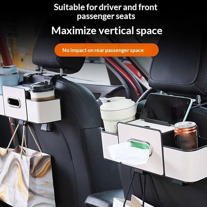 Car Organizers and Storage Box Multifunctional, Car Seat Back Organizer, 4 In 1 Universal Car Storage Box With Hanging Tissue Holder, Cup Holders & Hooks for Purses to Travel Accessories (Orange)