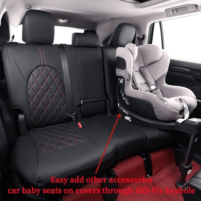 coverdream Full Set Customized Car Seat Covers Fit for 2014-2019 Toyota Highlander Hybrid LE,XLE,LE Plus,8-Passenger,Second Row 40/60 Split Seat,Fully Covered Leatherette Seat Protector (Black&Red)