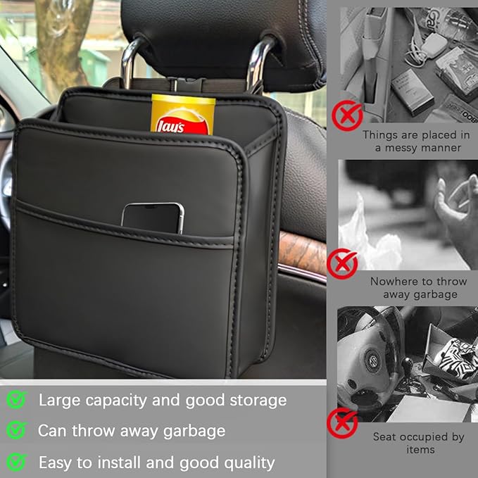 Car Seat Back Organizer, Leather Multipurpose Hanging Vehicle Backseat Headrest Storage Bag, Automotive Pouch Pocket Organizer for Kids & Adults, Universal for Truck SUV Sedan (White)
