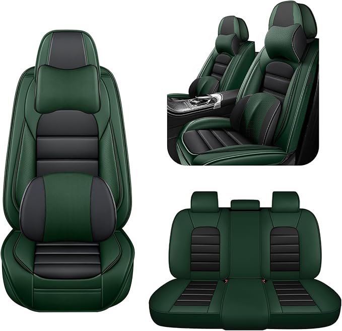 AREKA 5 Car Seat Covers for Honda Civic 2002-2026 Breathable Leather,Waterproof Car Seat Protectors with Comfort Headrest Pillows,Automotive Vehicle Cushion with Storage Pockets (Luxury,Green)