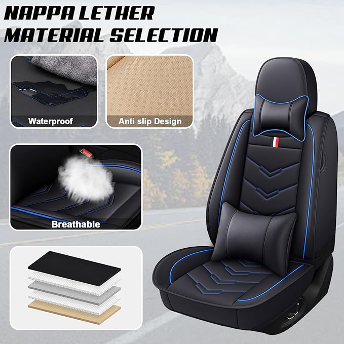 MVRVMV Luxury Car Seat Covers for Ford Explorer 2012-2026, Nappa Leather Auto Seat Cover with 2 Neck Pillows and 2 Lumbar Supports (5 Seat Luxury, Black-Blue)