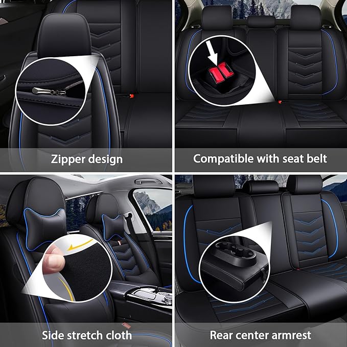 MVRVMV Seat Covers for Ford Escape 2005-2026, Waterproof Leather Auto Seat Cover with 2* Neck Pillow and 2* Lumbar Support (2 Seat Luxury,Black-Blue)