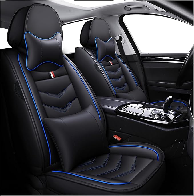 MVRVMV Seat Covers for Ford Edge 2007-2024, Waterproof Leather Auto Seat Cover with 2* Neck Pillow and 2* Lumbar Support (2 Seat Luxury,Black-Blue)