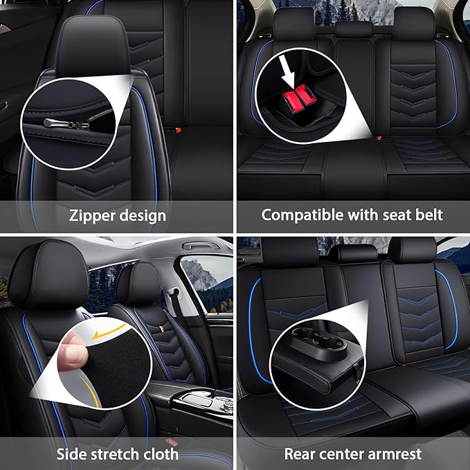 MVRVMV 2-Seat Car Seat Covers for Honda Pilot 2010-2026, Waterproof Non-Slip Wear-Resistant Leather Seat Cover (2 Seat Standard, Black-Blue)