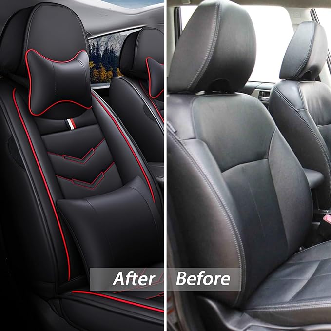 MVRVMV Luxury Car Seat Covers for Ford Explorer 2012-2026, Nappa Leather Auto Seat Cover with 2 Neck Pillows and 2 Lumbar Supports (5 Seat Luxury, Black-Red)