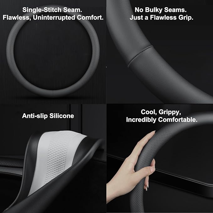 Leather Steering Wheel Cover for 2016-2025 Tesla Model 3/Y(Not for Juniper Y Highland 3),Non-Slip Breathable Steering Wheel Protector for Model 3 Y Steering Wheel,Sweatproof,Slip-on(Black)