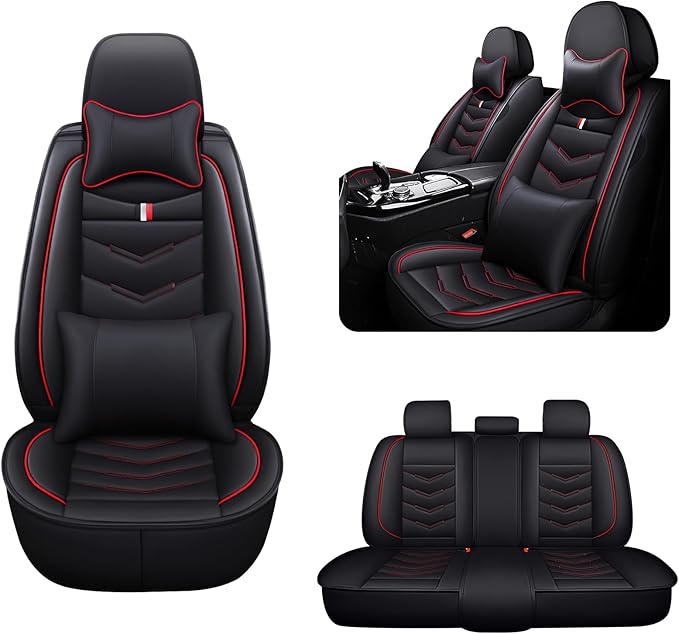 MVRVMV for Ford Escape 2005-2026 Seat Covers, Waterproof Leather Seat Cover with 2* Neck Pillow and 2* Lumbar Support (5 Seat Luxury,Black-Red)