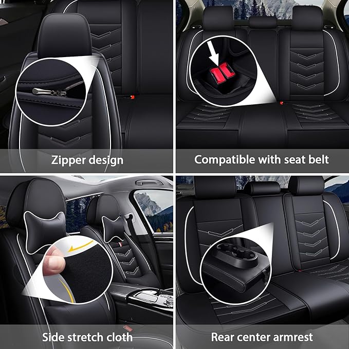 MVRVMV Luxury Car Seat Covers for Ford Explorer 2012-2026, Nappa Leather Auto Seat Cover with 2 Neck Pillows and 2 Lumbar Supports (5 Seat Luxury, Black-White)