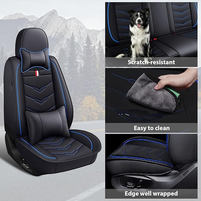 MVRVMV Seat Covers for Ford F-250 2010-2026, Waterproof Leather Auto Seat Cover with 2* Neck Pillow and 2* Lumbar Support (2 Seat Luxury,Black-Blue)