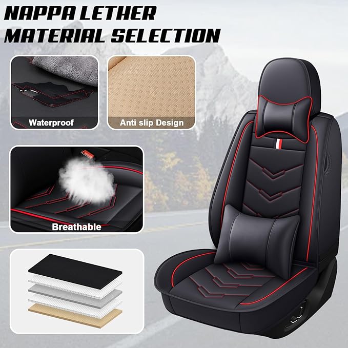 MVRVMV for Ford Mustang 2006-2026 Seat Covers, Waterproof Leather Seat Cover with 2* Neck Pillow and 2* Lumbar Support (2 Seat Luxury,Black-Red)