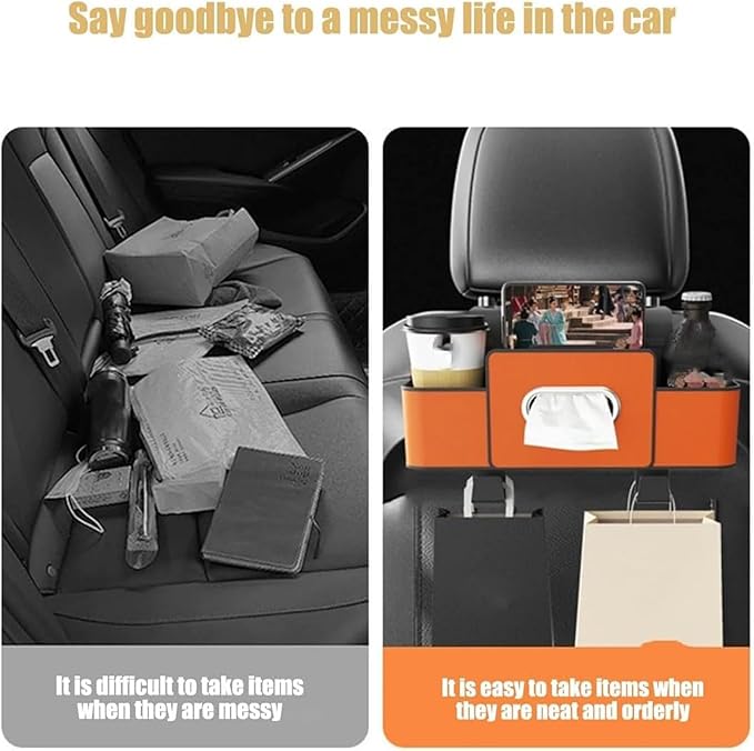 Geshus Backseat Organizers Hanging Storage, Car Seat Back Organizer With Tissue Holder, For Hold Phone,Drinks,Handbag,Compatible With Most Vehicles (Orange)